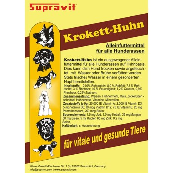 Supravit Haustierergänzungs-Verpackung mit deutschem Text „Für vitale und gesunde Tiere“, zeigt eine Person, die mit einem Hund spazieren geht, und einen Hund neben einem Napf.