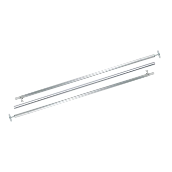 Drei verstellbare Metallstangen mit Endkappen, entworfen für Haustiergehege oder Barrieren, vor einem weißen Hintergrund ausgestellt.