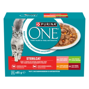Nassfutter Katze Adult, Sterilcat, in Sauce, Fleisch & Fisch 12x85 g Verpackung von Purina ONE Sterilcat Katzenfutter mit einer flauschigen grauen Katze, mit einer Schüssel mit Nassfutter und Text, der Gesundheitsvorteile und Geschmäcker hervorhebt.