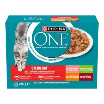 Verpackung von Purina ONE Sterilcat Katzenfutter mit einer flauschigen grauen Katze, mit einer Schüssel mit Nassfutter und Text, der Gesundheitsvorteile und Geschmäcker hervorhebt.
