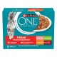 Verpackung von Purina ONE Sterilcat Katzenfutter mit einer flauschigen grauen Katze, mit einer Schüssel mit Nassfutter und Text, der Gesundheitsvorteile und Geschmäcker hervorhebt.