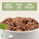 Schüssel mit pferdebasiertem Nassfutter und Petersilie; grüner Banner: 'Single Protein' und 'Pferd Pur'; Siegel 'Mit Tierexperten'
