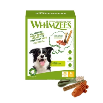 Whimzees All Natural Daily Dental Treats Sortenpackung, mit einem schwarz-weißen Hund auf der Verpackung, mit 28 Leckerlis für Hunde.