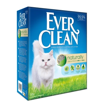 Emballage de litière pour chat super premium Ever Clean avec un chat blanc, étiqueté "naturellement" avec un mélange optimal d'argile et de maïs.
