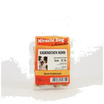 Packung Miracle Dog Snacks Hähnchen-Kauknochen, 5 cm, 12 Stück, mit Hundeabbildung und Barcode.