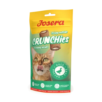 Josera Crunchies Katzensnacks mit Ente, außen knusprig, innen cremig, getreidefrei, zuckerfrei, mit Taurin und Vitaminen.