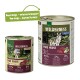 Zwei Real Nature Haustierfutterprodukte: eine Dose und ein Beutel mit der Aufschrift "Wilderness Pure Horse", mit einem Wolf und einem Hinweis auf das neue Design.