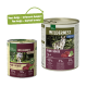 Zwei Real Nature Haustierfutterprodukte: eine Dose und ein Beutel mit der Aufschrift "Wilderness Pure Horse", mit einem Wolf und einem Hinweis auf das neue Design.