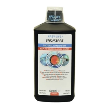 Easylife EasyStart 1 l Flasche Easy-Life EasyStart, ein bakterielles Kombisystem für Aquarien, beschriftet mit "Hält das Aquarium klar und gesund," 1000 ml.