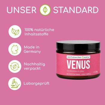 Rückseite einer Verpackung für ein Haustier-Nahrungsergänzungsmittel mit der Bezeichnung 'Venus Balance Nutter' für Hunde, mit Nährwertinformationen und Anwendungshinweisen.