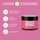 Rückseite einer Verpackung für ein Haustier-Nahrungsergänzungsmittel mit der Bezeichnung 'Venus Balance Nutter' für Hunde, mit Nährwertinformationen und Anwendungshinweisen.