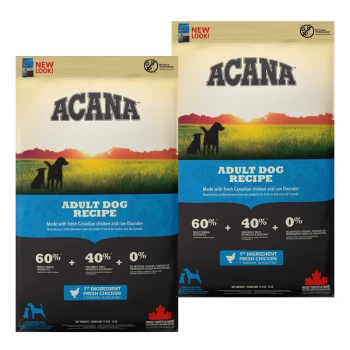 Zwei Tüten ACANA Adult Dog Recipe mit frischem kanadischen Huhn, rohem Flunder, 60% tierischen Zutaten und 40% Gemüse. Keine Zusatzstoffe.
