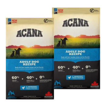 Deux sacs de recette de chien adulte ACANA avec du poulet canadien frais, de la plie crue, 60% d'ingrédients d'origine animale et 40% de légumes. Sans additifs.