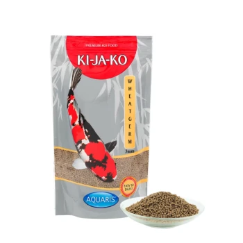 Premium Koi-Futterpaket mit der Aufschrift "KI-JA-KO WHEATGERM" in 3mm Größe, mit einer Grafik eines Koi-Fisches und einer Schüssel Futter daneben.