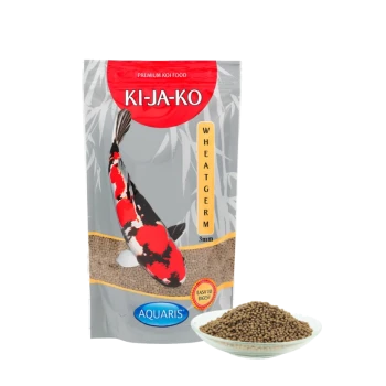 Premium Koi-Futterpaket mit der Aufschrift "KI-JA-KO WHEATGERM" in 3mm Größe, mit einer Grafik eines Koi-Fisches und einer Schüssel Futter daneben.