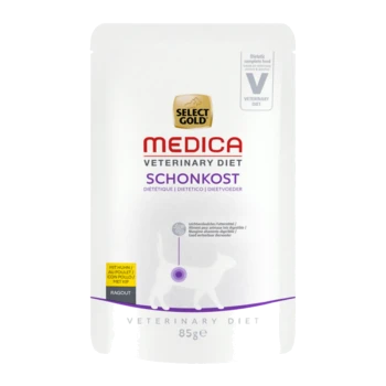 Select Gold Medica Veterinärdiät, 85g Beutel, mit dem Aufdruck "Schonkost" und einer Silhouette einer Katze, die auf ein diätetisches Vollfutter hinweist.