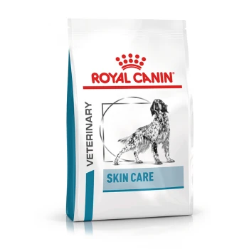 Royal Canin Veterinär-Hautpflege-Hundefutterbeutel mit einer schwarz-weißen Hundillustration, mit 'ROYAL CANIN' und 'SKIN CARE' deutlich angezeigt.