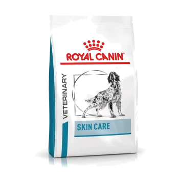 Royal Canin Veterinär-Hautpflege-Hundefutterbeutel mit einer schwarz-weißen Hundillustration, mit 'ROYAL CANIN' und 'SKIN CARE' deutlich angezeigt.