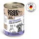 Dosen-Hundefutter beschriftet mit "DOGS'n TIGER", das "SATTELFEST PFERD MIT KARTOFFEL" enthält, mit 67% Pferdefleisch, geeignet für empfindliche Hunde. Hergestellt in Deutschland.