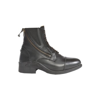 Schwarze Leder-Ankle-Boots mit einer Schnürung vorne und einem seitlichen Reißverschluss, ausgestattet mit einem niedrigen Absatz und einem eleganten Design.