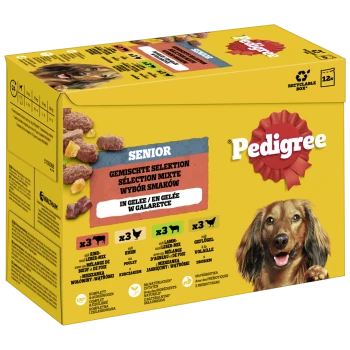 Schachtel mit Pedigree Senior-Hundefutter mit einer gemischten Auswahl an Geschmacksrichtungen in Gelee. Enthält Rind, Huhn, Lamm und Truthahn.