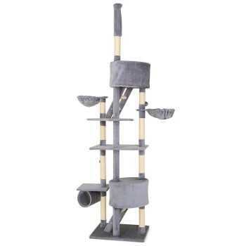 Grauer mehrstöckiger Katzenbaum mit Kratzpfosten, Plattformen und gemütlichen Hängematten für Katzen.