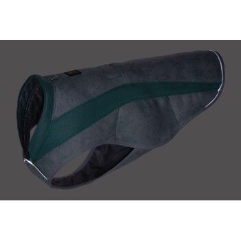 Eine stilvolle graue Hundeweste mit einem grünen Streifen, mit einem schlanken Design und einem reflektierenden Rand, ideal für Outdoor-Aktivitäten.