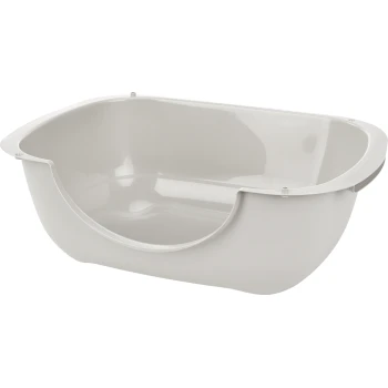 Een witte plastic kattenbak met een glad interieur en een afgerond ontwerp, met een handvat aan elke kant voor gemakkelijk dragen.