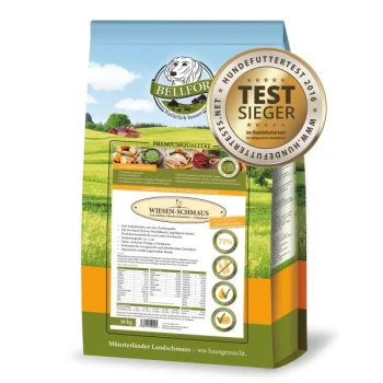 10 kg Sack Bellfor Hundefutter "Wiesen-Schmaus" mit ländlichem Hintergrund, "TEST SIEGER 2016" Siegel und Nährwertinformationen.