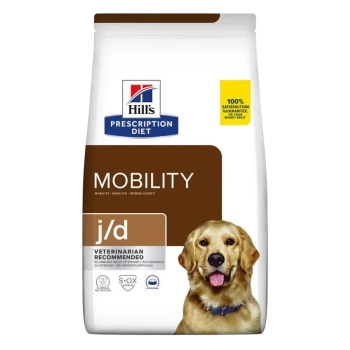 Sac de nourriture pour chiens Hill's Prescription Diet Mobility j/d avec un golden retriever sur le devant, étiqueté 'Recommandé par les vétérinaires.'