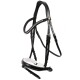Schwarzes Lederpferdegeschirr mit dekorativen Strasssteinen, mit gepolstertem weißen Nasenband und mehreren verstellbaren Riemen.
