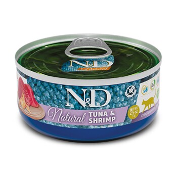 Dosen-Haustierfutter mit der Aufschrift 'N&D Natural Tuna & Shrimp', mit einem bunten Design und Bildern von Thunfisch und Garnelen, 2,5 oz.
