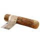 Ein mittelgroßer, natürlicher Holzkausnack mit einem Etikett, das Haustiersicherheitsikonen und Produktinformationen anzeigt.
