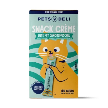 Verpackung für Pets Deli Snack Crème für Katzen, mit einer Cartoon-Katze, die eine Tube hält. Der Text enthält "Ente mit Jakobsmuschel" und "6 Beutel."