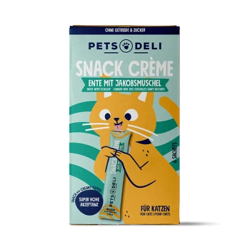 Verpackung für Pets Deli Snack Crème für Katzen, mit einer Cartoon-Katze, die eine Tube hält. Der Text enthält "Ente mit Jakobsmuschel" und "6 Beutel."