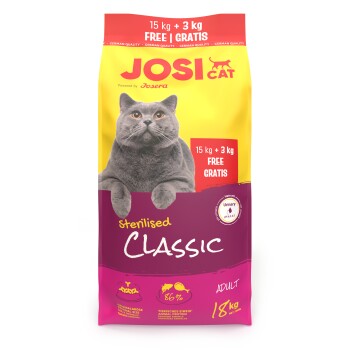 JosiCat Sterilised Classic Katzenfutterbeutel für erwachsene Katzen, 18 kg, mit grauem Katzenbild und Text „15 kg + 3 kg gratis | Gratis.“