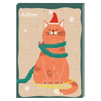 Ein festlicher katzenthematischer Adventskalender mit dem Text 'FROHE WEIHNACHTEN' und Schneeflocken, mit einer flauschigen Katze auf einem schneebedeckten Hintergrund.