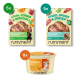 Fünf Packungen Nutriment Lamm, Kürbis & Brokkoli Hundefutter, fünf Packungen Pferd, Spinat & Erbsen Hundefutter und sechs Becher veganes Hunde-Eis.