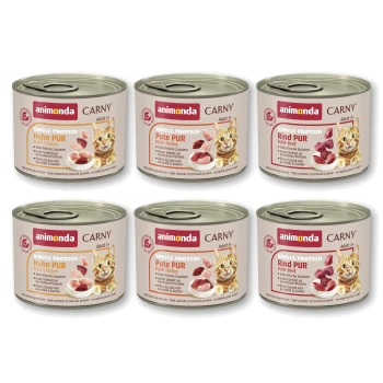 Sechs Dosen Animonda Carny Ein-Protein-Katzenfutter (reines Huhn, reine Pute, reines Rind) mit Bild einer orange-getigerten Katze