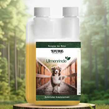 Flasche Tjure Ulmenrinde Haustierergänzung mit einem Hund auf einem Holzweg, beschriftet mit "Rezeptur der Natur" und "Natürlicher Kräuterextrakt."