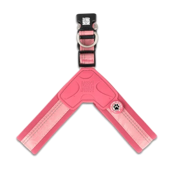 Pinkfarbenes Max & Molly Urban Paws Hundegeschirr mit schwarzer Schnalle und Metall-D-Ring, mit Pfotenabdruck-Knopf und gestickten Details.