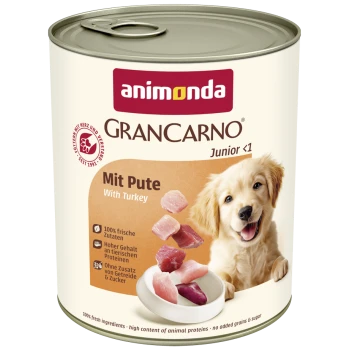 Dose Animonda GranCarno Junior Hundefutter mit Truthahn, 100 % frische Zutaten, hoher tierischer Eiweißanteil, ohne Getreide oder Zucker.