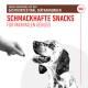 Eine Hand hält ein Hundeleckerli über einen glücklichen gefleckten Hund. Text: "Leckere Snacks für maximalen Genuss" und "Snacks für gastrointestinalen Diäten."