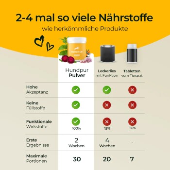 Tierarzt in einem weißen Kittel, der einen Hund hält, mit einem Zitat, das Hundpur für Haut- und Fellgesundheit empfiehlt. 5-Sterne-Bewertung sichtbar.