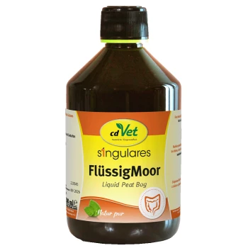 Flasche von cdVet FlüssigMoor für Haustiere, mit einem gelben und orangefarbenen Etikett mit Text in Deutsch und Englisch.