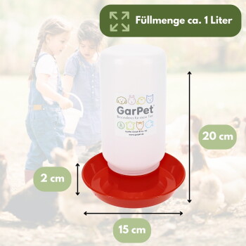GarPet 1L Tränke mit roter Basis — 20 cm hoch, 15 cm Durchmesser, 2 cm Rand; Text ‚Füllmenge ca. 1 Liter‘