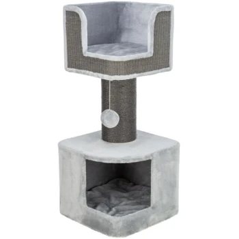 Grau Katzenbaum mit einer gemütlichen oberen Plattform, Kratzbaum und einem würfelförmigen Versteck unten, mit einem baumelnden Spielzeug.