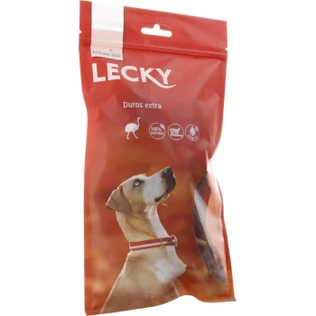 Rote Verpackung für Lecky Hundeleckerlis mit einem Hund, der nach oben schaut. Der Text enthält 'Duros extra' und '100% natürlich' mit einem Strauß-Icon.