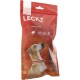 Rote Verpackung für Lecky Hundeleckerlis mit einem Hund, der nach oben schaut. Der Text enthält 'Duros extra' und '100% natürlich' mit einem Strauß-Icon.
