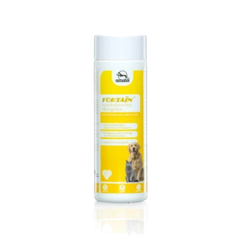Fortain Hämoglobin Ergänzung für Haustiere, mit einem gelben Etikett, das einen Hund und eine Katze zeigt, und die Betonung auf Aminosäuren und natürlichem Eisen.